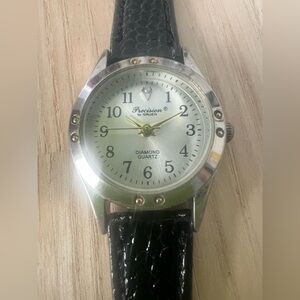 Precision by Gruen ladies silver tone black leather dress watch NEW BATTERY